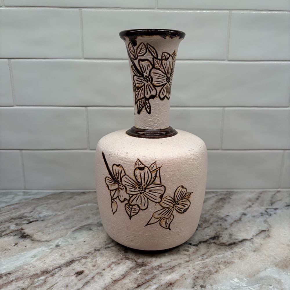 Handmade Pottery Vase with Dogwood Flowers Etched On Sides 9” Tall Artist Signed
